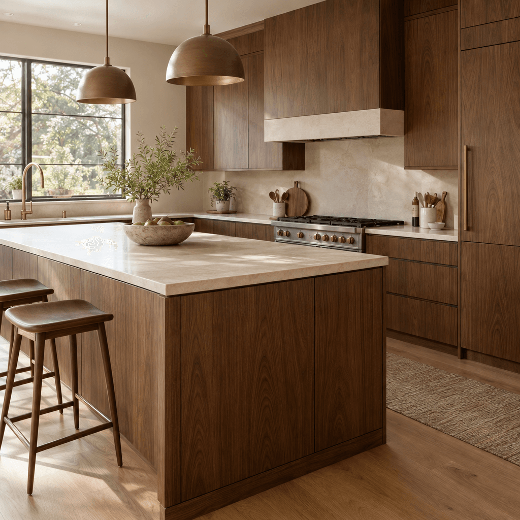 Warm woodgrain finish on kitchen cabinetry